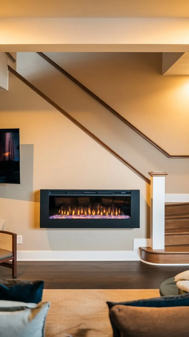 Cozy nights are made even better by the warm glow of this modern electric fireplace, cleverly tucked under the stairs.  The off-center placement adds a touch of unexpected design, while the TV mounted above makes for the perfect entertainment setup. A recessed electric fireplace, this wall mount fireplace is the heart of this stylish living room.