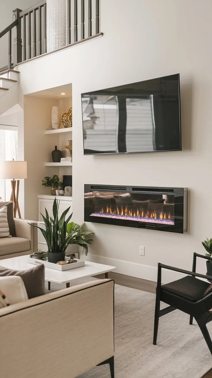 This stunning living room showcases a unique design element: a recessed electric fireplace nestled under the stairs. The off-center wall mount fireplace, complete with a TV over fireplace, creates a focal point that's both functional and visually striking.  The modern electric fireplace adds a touch of warmth and sophistication to this contemporary space.