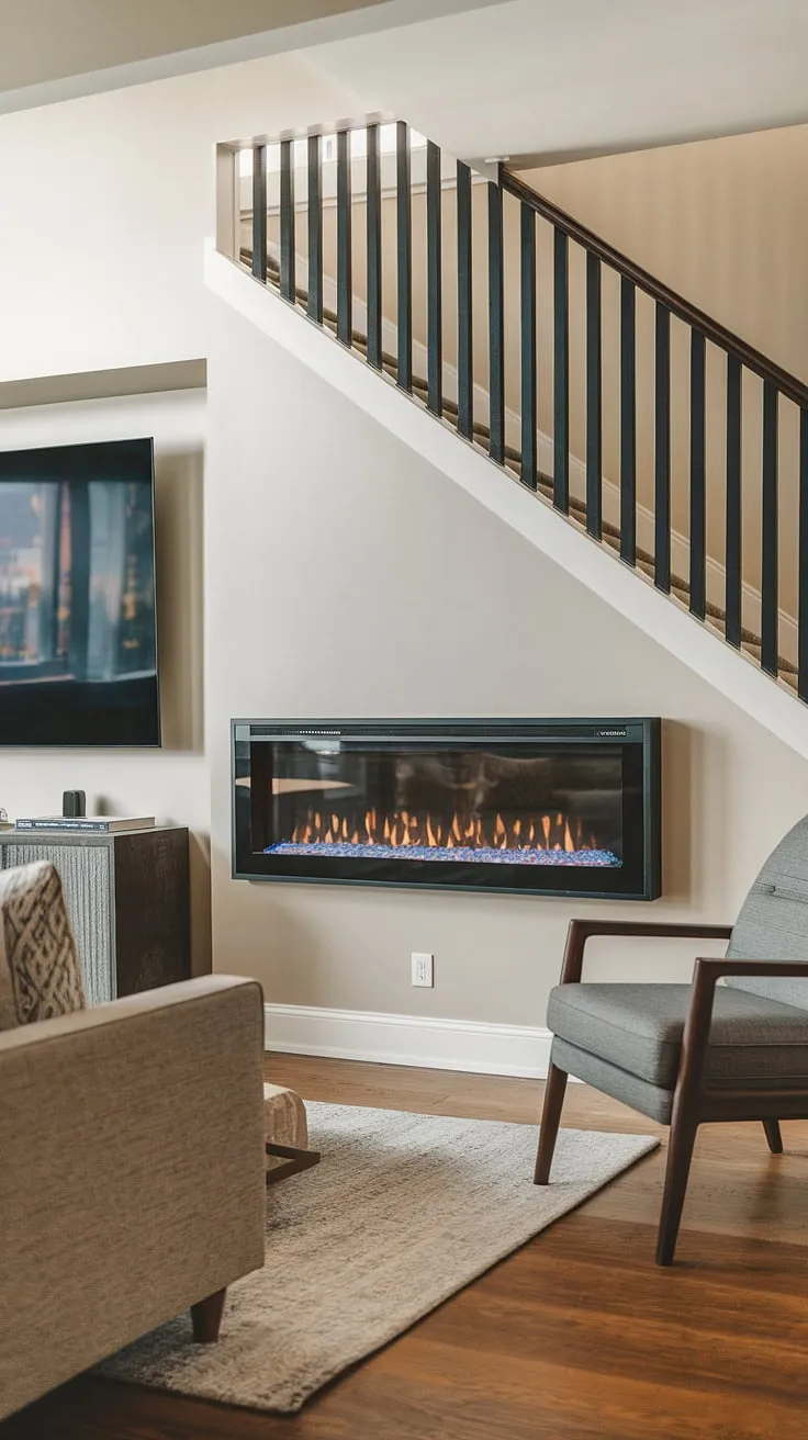 This stunning living room showcases a wall mount fireplace, a recessed electric fireplace masterpiece nestled beneath the staircase. The TV over fireplace setup, slightly off-center, adds an unexpected touch of modern design.  The fireplace under stairs is more than just a heat source; it's a statement piece.