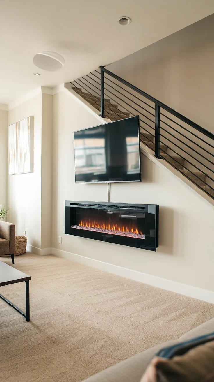 This wall mount fireplace, a sleek black recessed electric fireplace, is the unexpected heart of this modern living room.  Positioned off-center under the stairs, it's a space-saving marvel with a TV over fireplace for ultimate relaxation.  The perfect blend of form and function.
