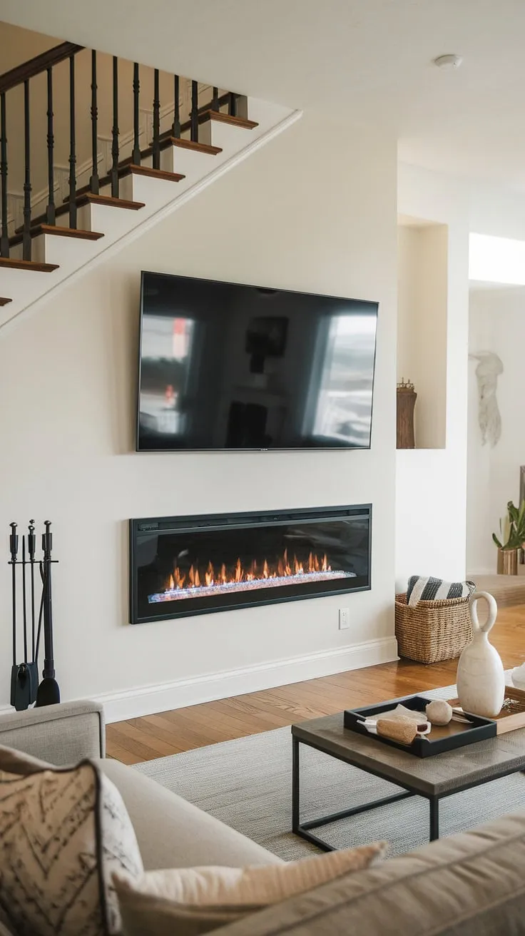 Cozy nights are made even better with the warmth of this modern electric fireplace, recessed discreetly under the stairs.  The off-center placement adds a touch of unexpected design, while the TV mounted above completes the perfect entertainment hub.