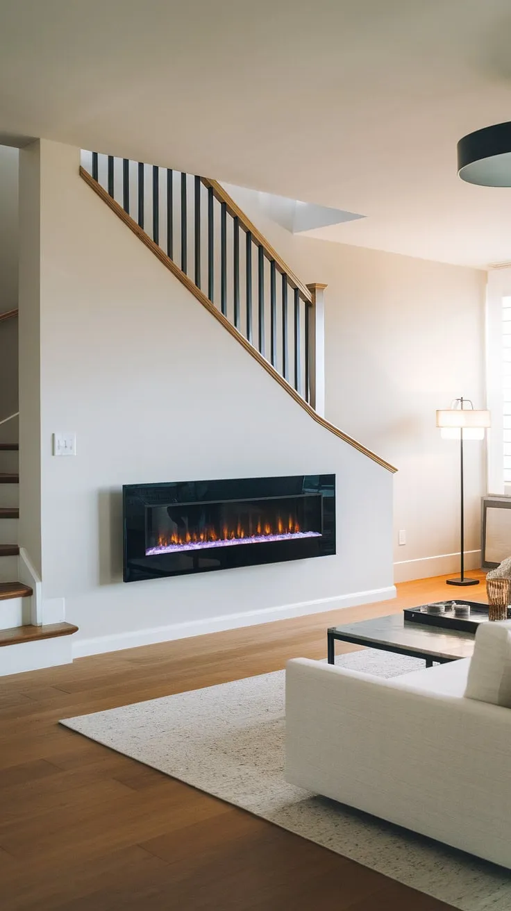 Cozy minimalism meets modern convenience.  This recessed electric fireplace, cleverly tucked under the stairs and offset for a unique design, provides warmth and ambiance, perfectly complemented by the TV mounted above.