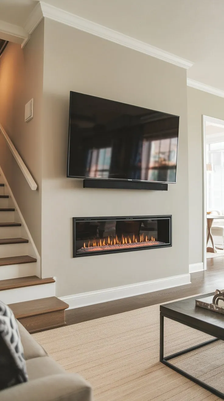 This stunning living room showcases a wall mount fireplace, a recessed electric fireplace masterpiece nestled under the stairs.  The off-center fireplace design is both unexpected and stylish, perfectly complemented by the TV over fireplace and the overall modern aesthetic.