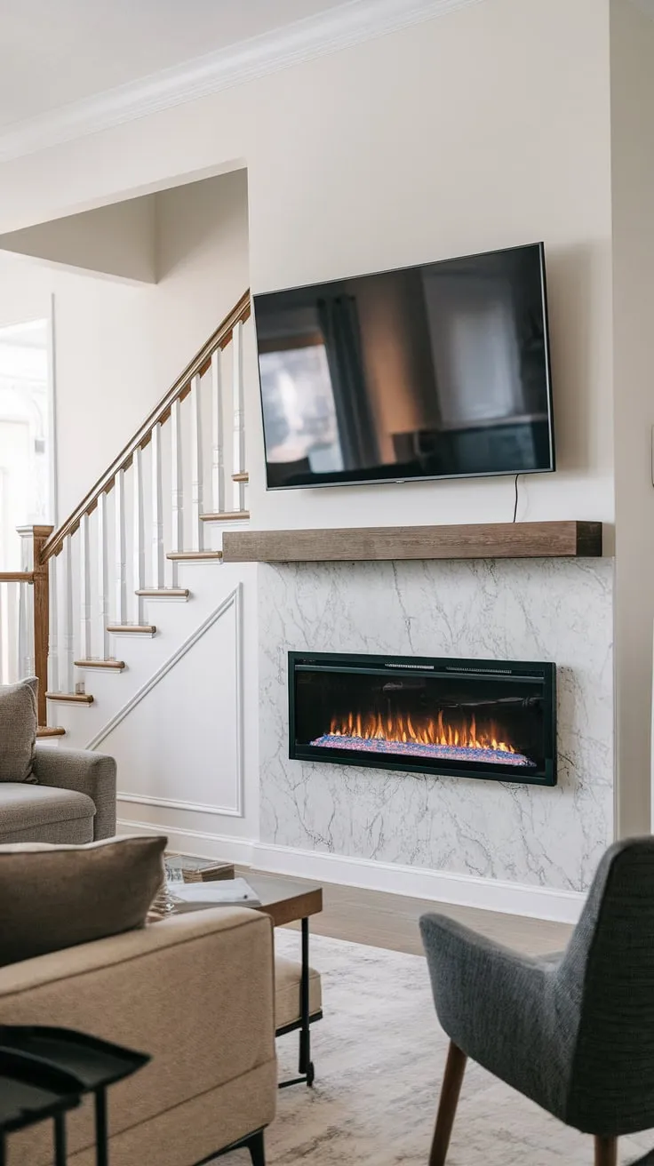 Cozy sophistication redefined.  This recessed electric fireplace, cleverly tucked under the stairs, creates a stunning focal point, with the TV mounted above completing the modern aesthetic. The off-center placement adds unexpected charm to this living room.