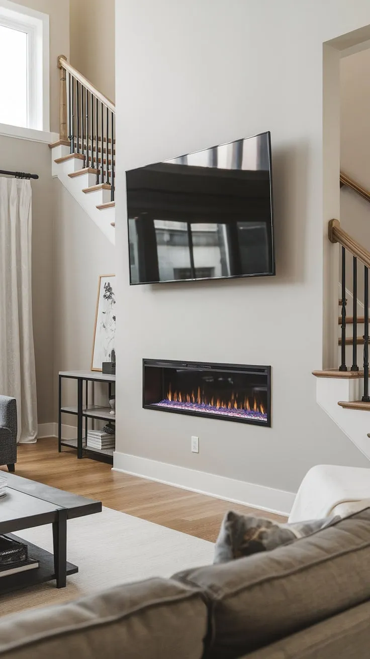 This stunning living room showcases a wall mount fireplace, a recessed electric fireplace masterpiece nestled under the stairs.  The off-center fireplace design is both unexpected and stylish, perfectly complemented by the TV over fireplace and the room's minimalist aesthetic.