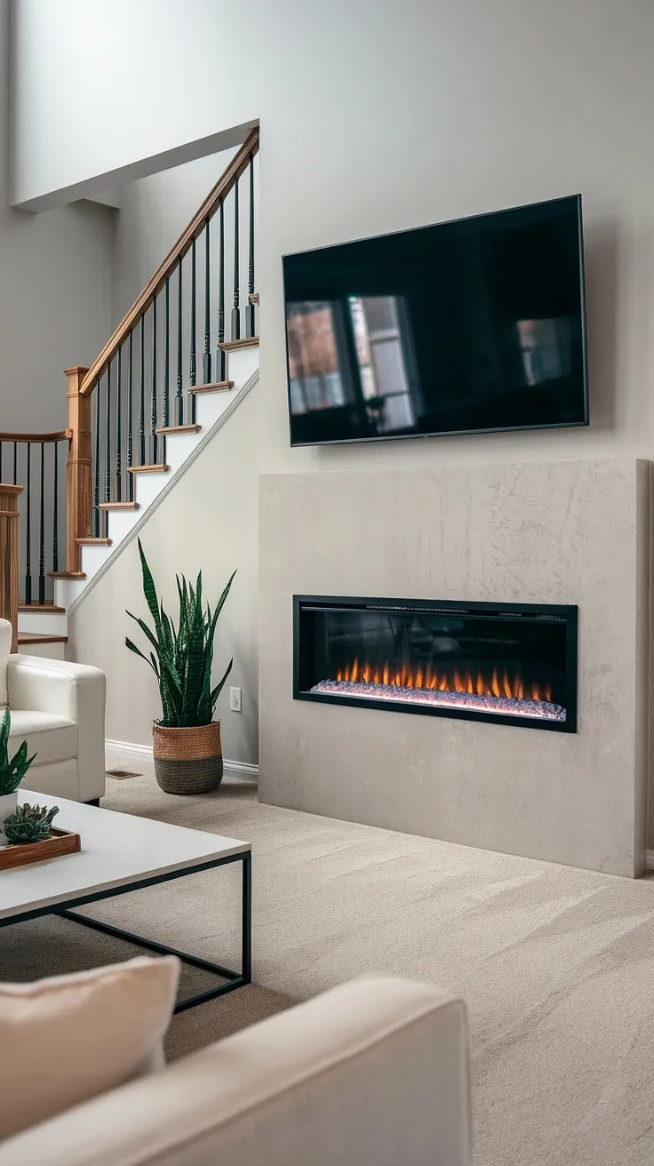 A stunning example of how to maximize space and style. This modern electric fireplace, cleverly installed under the stairs as a wall mount fireplace, offers both ambiance and functionality. The TV over fireplace completes the sleek, off-center design.