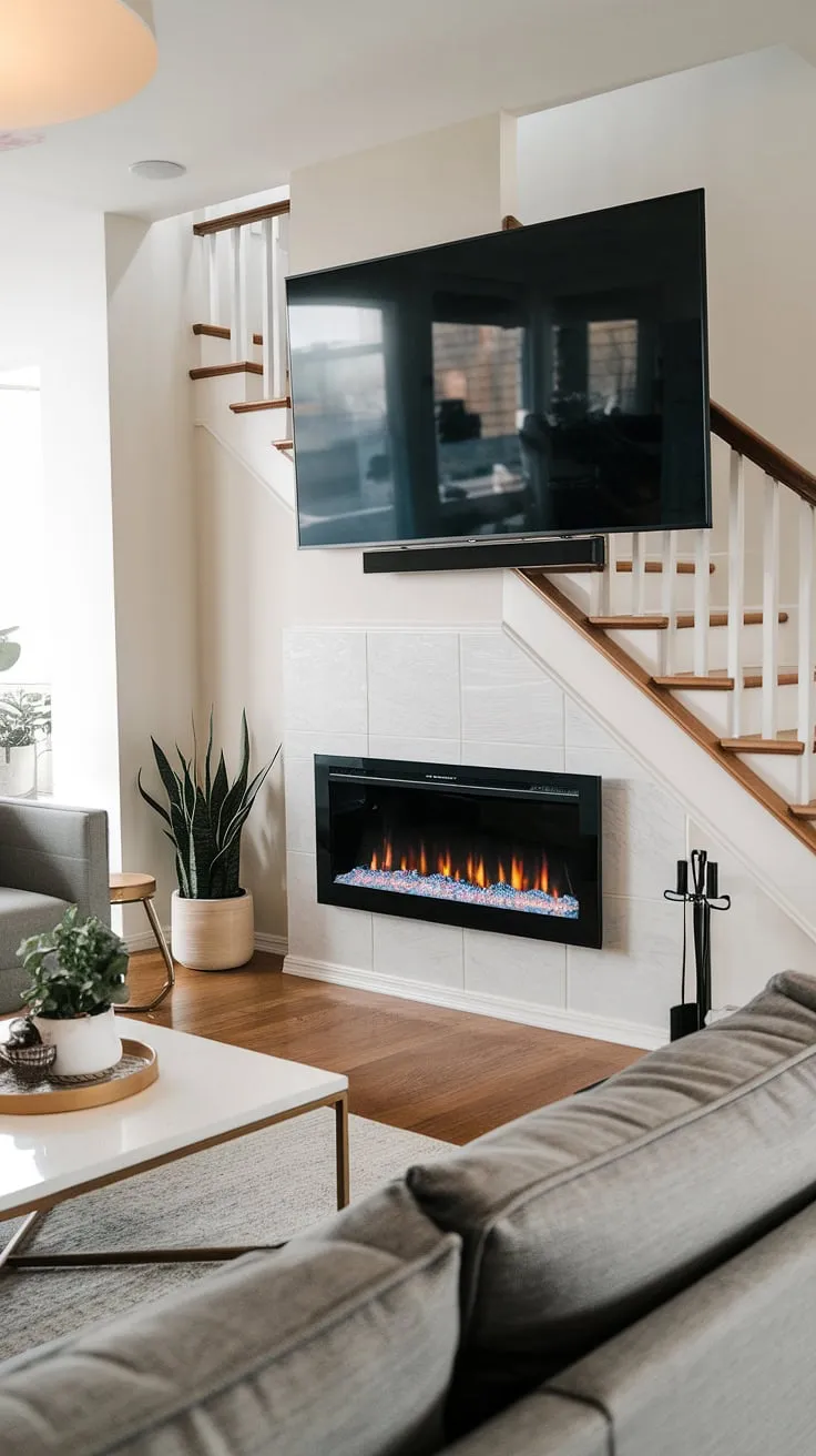 This living room's focal point?  An off-center fireplace, a wall mount fireplace marvel, nestled beneath the stairs.  The modern electric fireplace, a recessed electric fireplace design, is perfectly complemented by the TV mounted above it, creating a sophisticated and functional space.