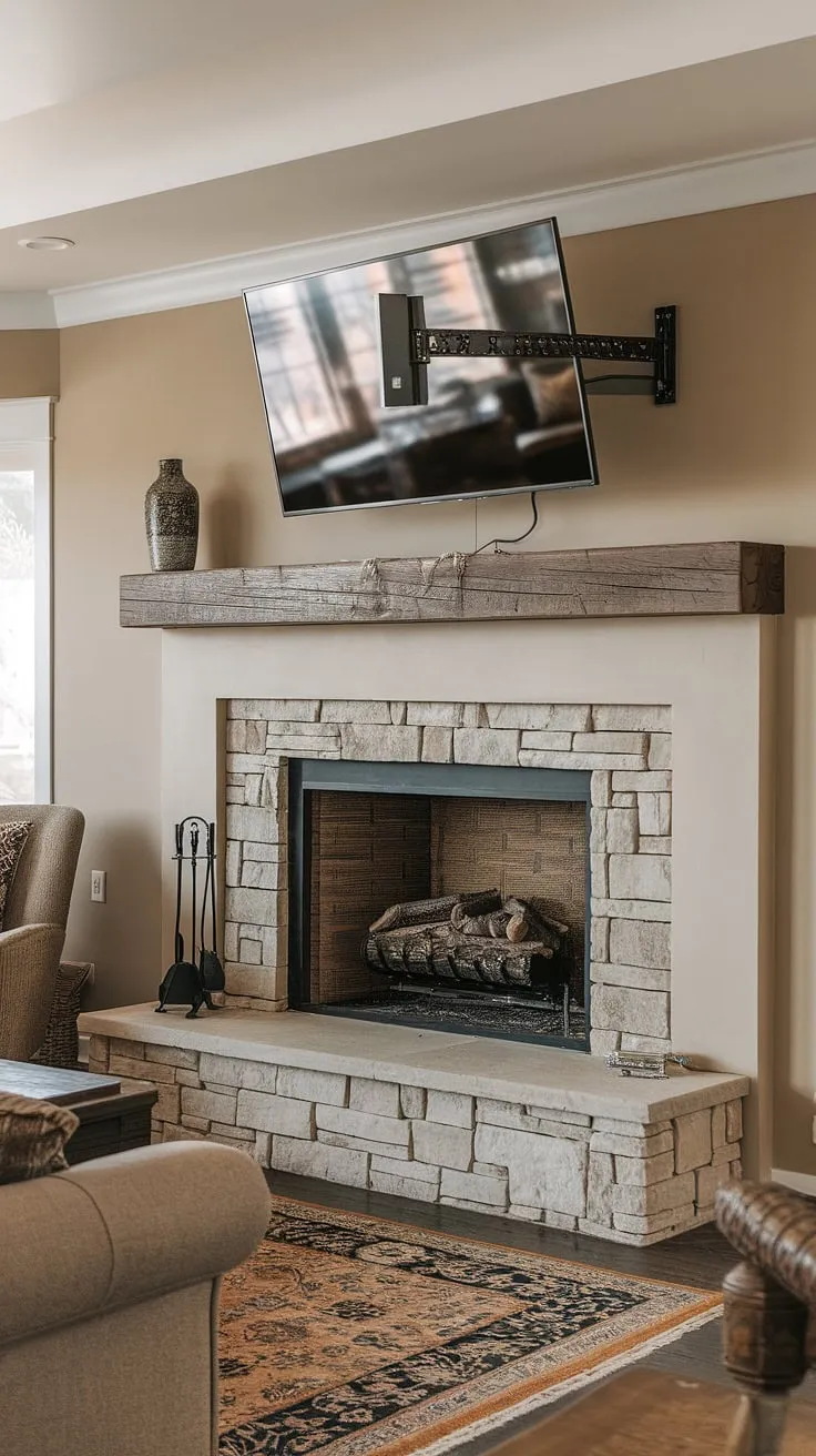 This living room's fireplace tv design is a masterclass in space optimization.  The mounted tv fireplace seamlessly integrates the fireplace with tv, creating a sophisticated fireplace and tv setup.  The fireplace tv mount allows for a perfect tv above fireplace, showcasing a beautiful fireplace under tv.  A stunning example of fireplace tv installation and wall-mounted tv fireplace solutions.
