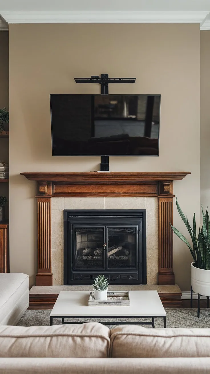 The perfect blend of cozy and contemporary: this fireplace and TV setup seamlessly integrates a wall-mounted TV above the fireplace, creating a stunning focal point.  The fireplace tv mount is discreet yet functional, showcasing a thoughtful fireplace tv design.  This fireplace with TV offers the best of both worlds – warmth and entertainment.  The fireplace under TV arrangement is a testament to smart tv over fireplace installation.