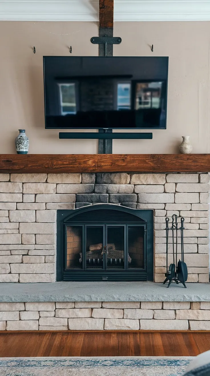 The perfect blend of rustic charm and modern convenience! This fireplace and TV setup, featuring a sleek fireplace tv mount, showcases a stunning tv over fireplace design.  The wall-mounted tv fireplace installation seamlessly integrates the entertainment center with the cozy fireplace under tv, creating a truly captivating focal point.