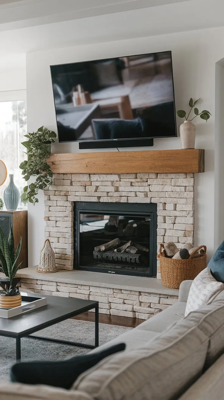 This living room's fireplace under tv design is a masterclass in functionality and style.  The mounted tv fireplace is flawlessly integrated, highlighting the elegance of a tv above fireplace installation.  The fireplace tv mount is discreet yet effective, creating a sophisticated fireplace with tv that's both inviting and visually striking.  This fireplace and tv setup is the perfect example of a successful tv fireplace design.