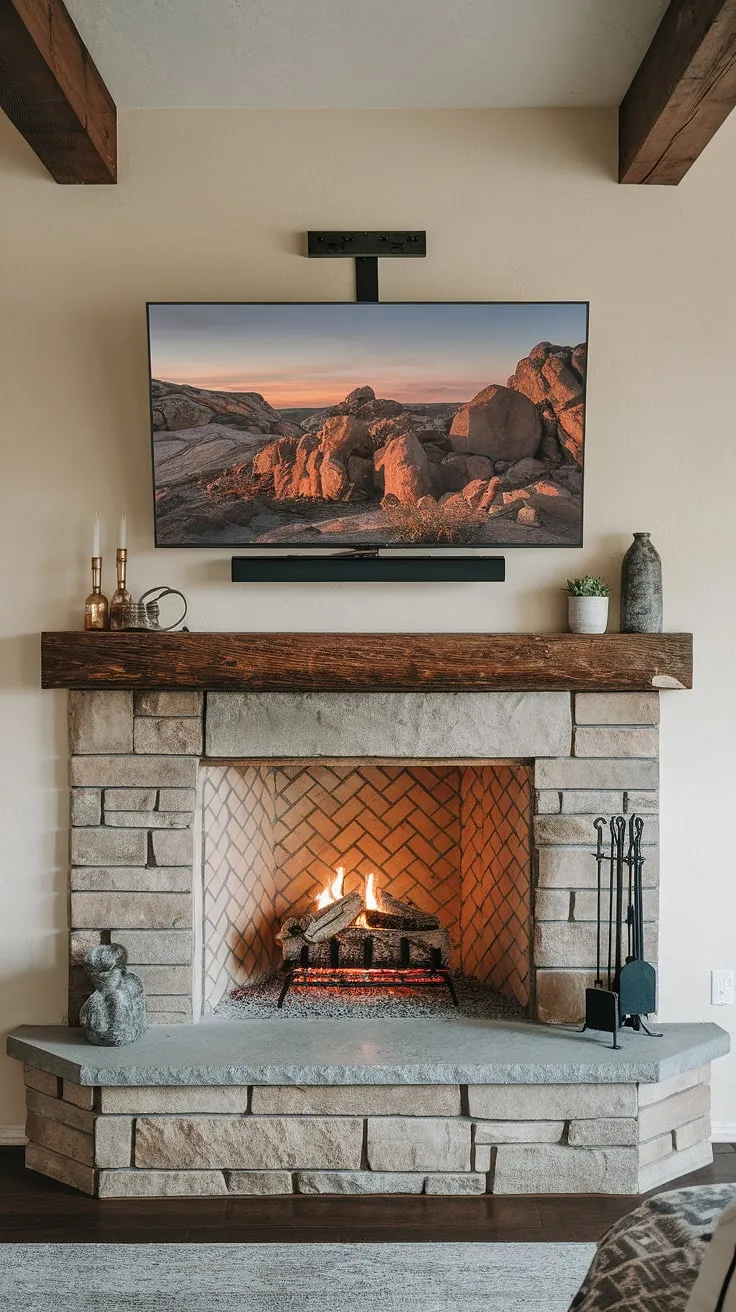 Cozy nights are guaranteed with this stunning fireplace and TV setup.  The fireplace tv mount is perfectly positioned, creating a seamless blend of warmth and entertainment. This fireplace with TV design is the ultimate in living room luxury, showcasing a flawless tv over fireplace installation.  The mounted tv fireplace is a testament to thoughtful design and efficient space planning.