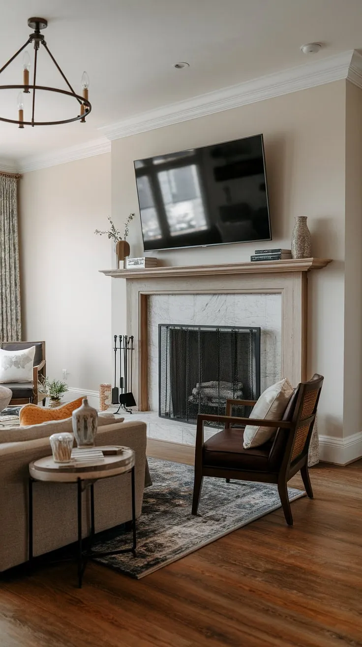The perfect blend of cozy and contemporary: a fireplace tv installation showcasing a stunning fireplace with tv setup.  The tv above fireplace, mounted seamlessly with a fireplace tv mount, creates a focal point that's both functional and stylish. This fireplace under tv design is the epitome of fireplace and tv design.