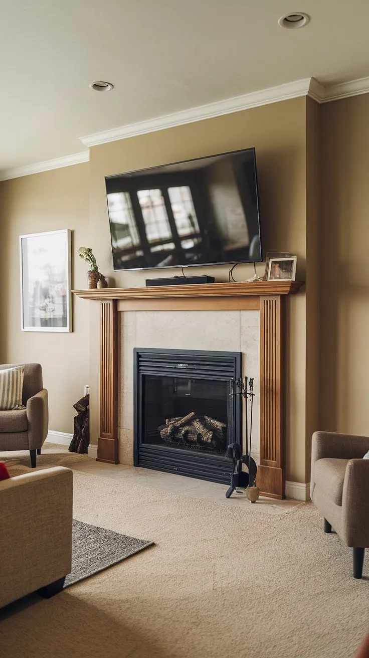 This tv over fireplace design is the epitome of sophisticated living.  The wall-mounted tv fireplace is a showstopper, with the tv above fireplace perfectly complementing the warm ambiance of the fireplace.  The fireplace tv installation is flawlessly executed, showcasing a beautiful fireplace under tv. This fireplace and tv setup is a masterclass in tv fireplace design, a true statement piece.