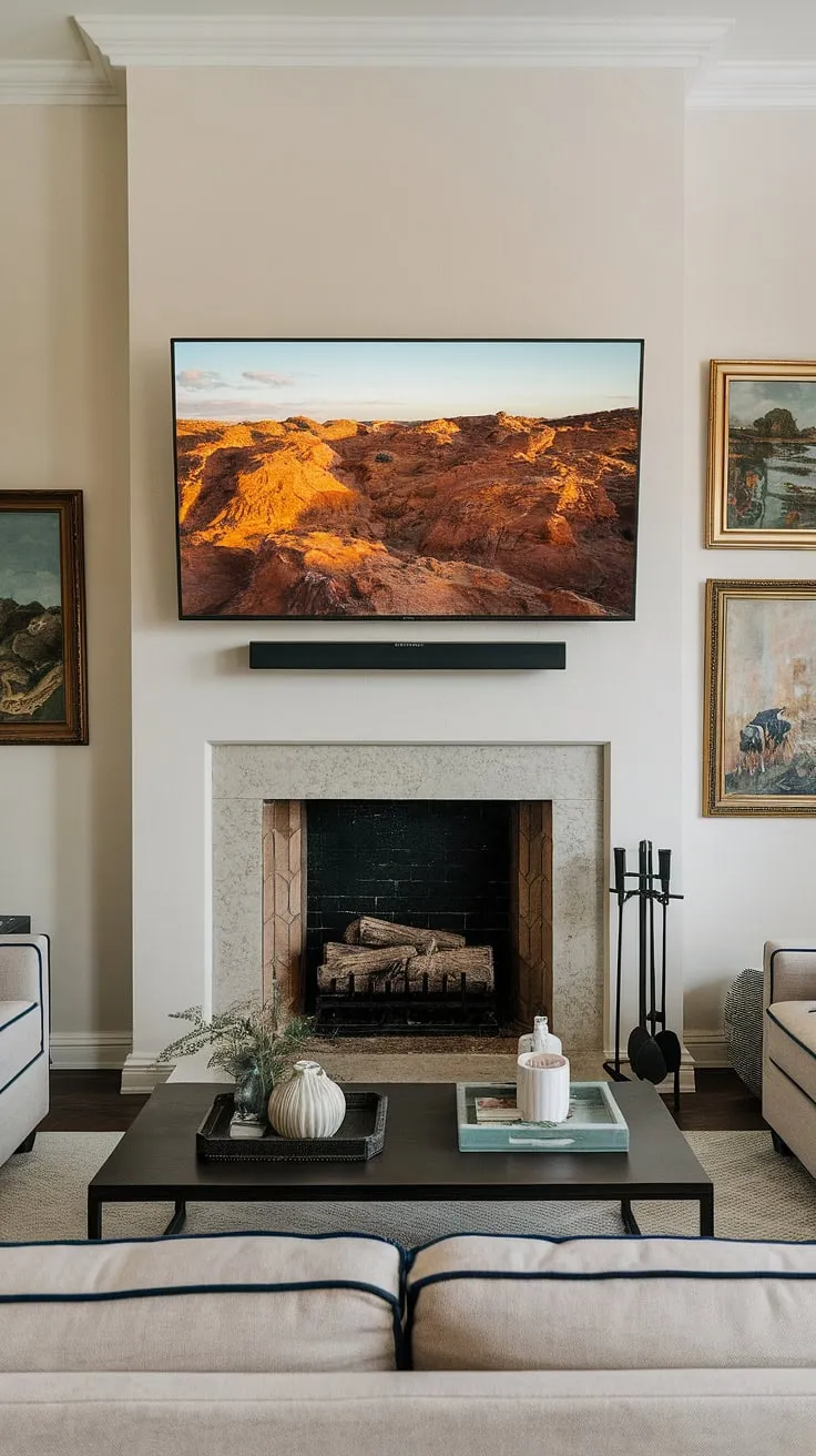 Warmth and entertainment seamlessly unite in this living room.  The mounted TV fireplace is a masterpiece of fireplace under TV design, showcasing a sophisticated fireplace tv installation.  The tv above fireplace is perfectly positioned, creating a stunning wall-mounted TV fireplace that's the envy of any home. This fireplace tv mount is the key to this exceptional fireplace and tv setup.