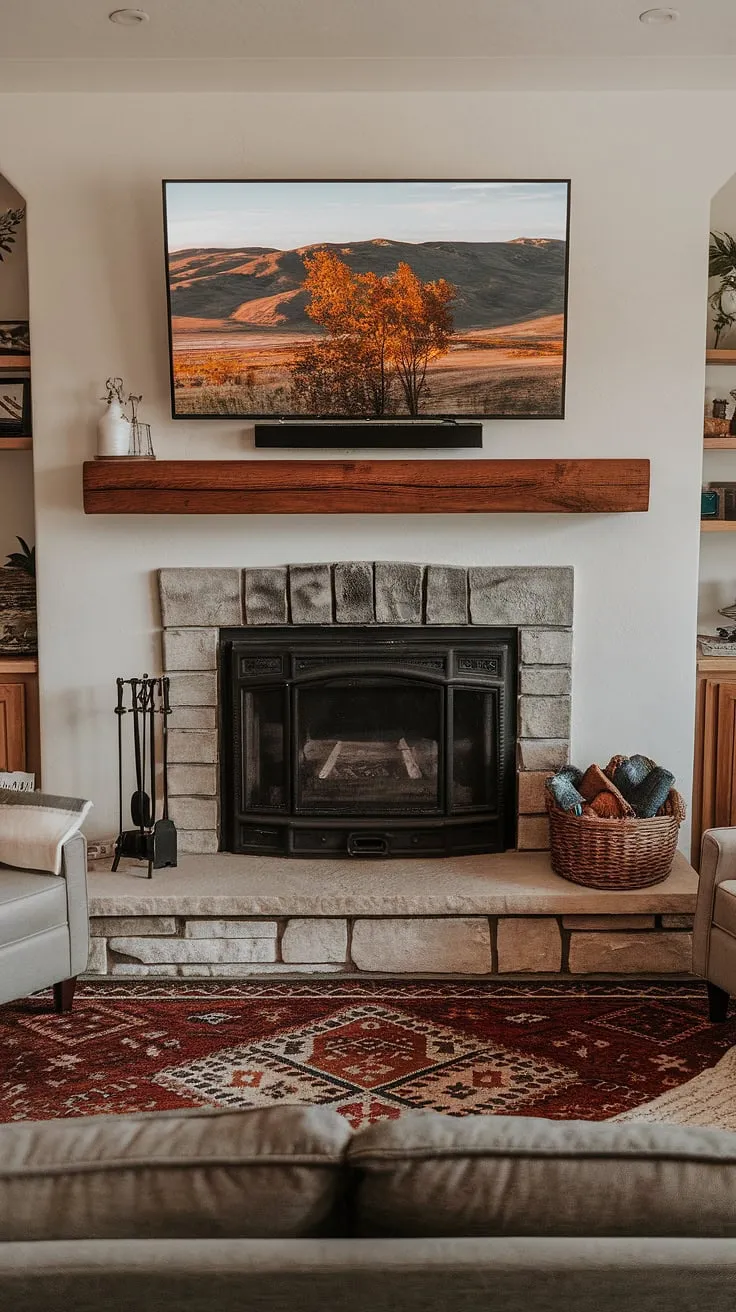 The warmth of the fireplace under TV perfectly complements the glow of the screen. This wall-mounted TV fireplace is a stunning example of fireplace tv design, showcasing a seamless integration of the mounted tv fireplace.  The fireplace tv installation was expertly done, creating a focal point that's both inviting and modern.  This tv above fireplace setup is the perfect blend of form and function, a true testament to thoughtful fireplace with tv planning.