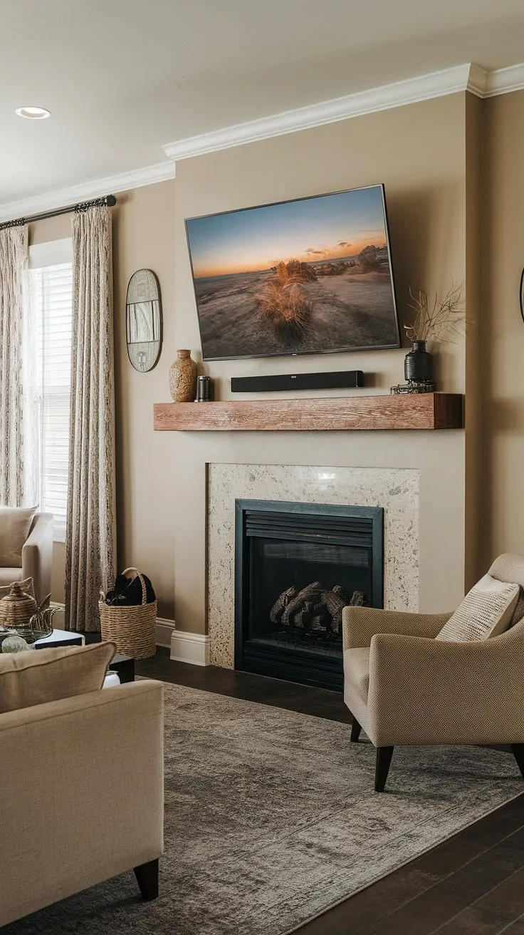 This living room's fireplace tv installation is a masterclass in design.  The TV above fireplace is a striking focal point, thanks to the clever fireplace tv mount.  The tv over fireplace arrangement, a sophisticated fireplace with tv setup, perfectly balances warmth and modern technology.  This wall-mounted TV fireplace showcases a unique fireplace under TV solution, a truly impressive tv fireplace design.