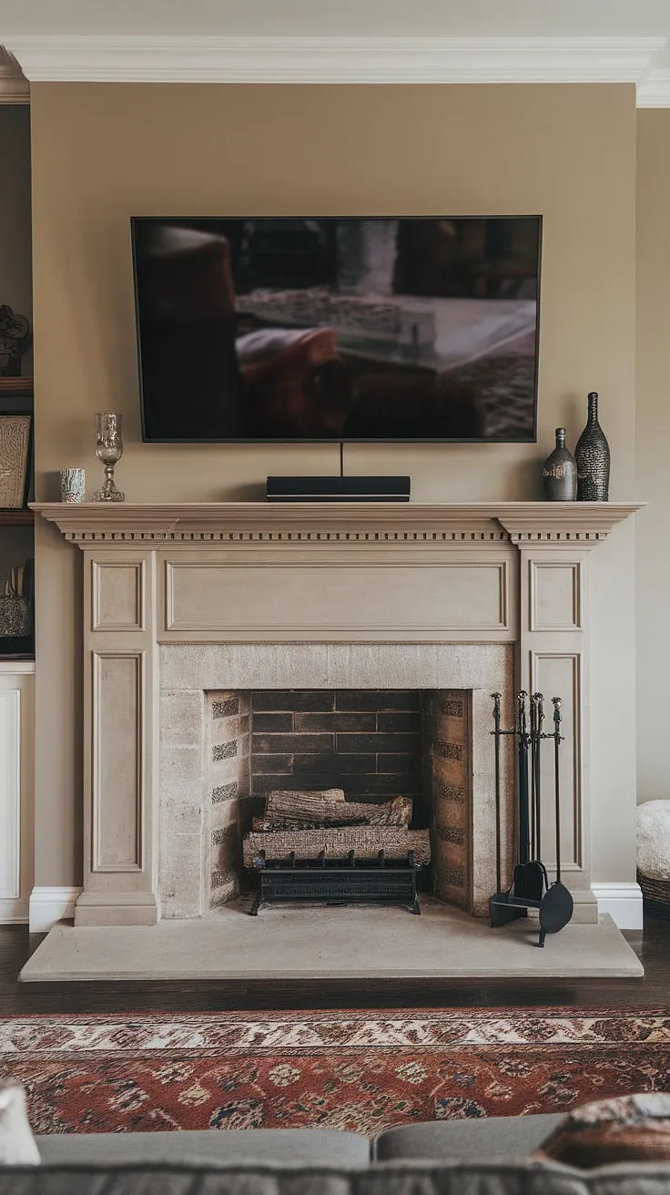 This fireplace under tv arrangement is a masterclass in fireplace tv design.  The mounted tv fireplace setup is both elegant and practical, offering the best of both worlds.  With a tv above fireplace, this living room boasts a sophisticated fireplace with tv, showcasing a seamless fireplace tv installation. The result? A truly captivating tv fireplace design.