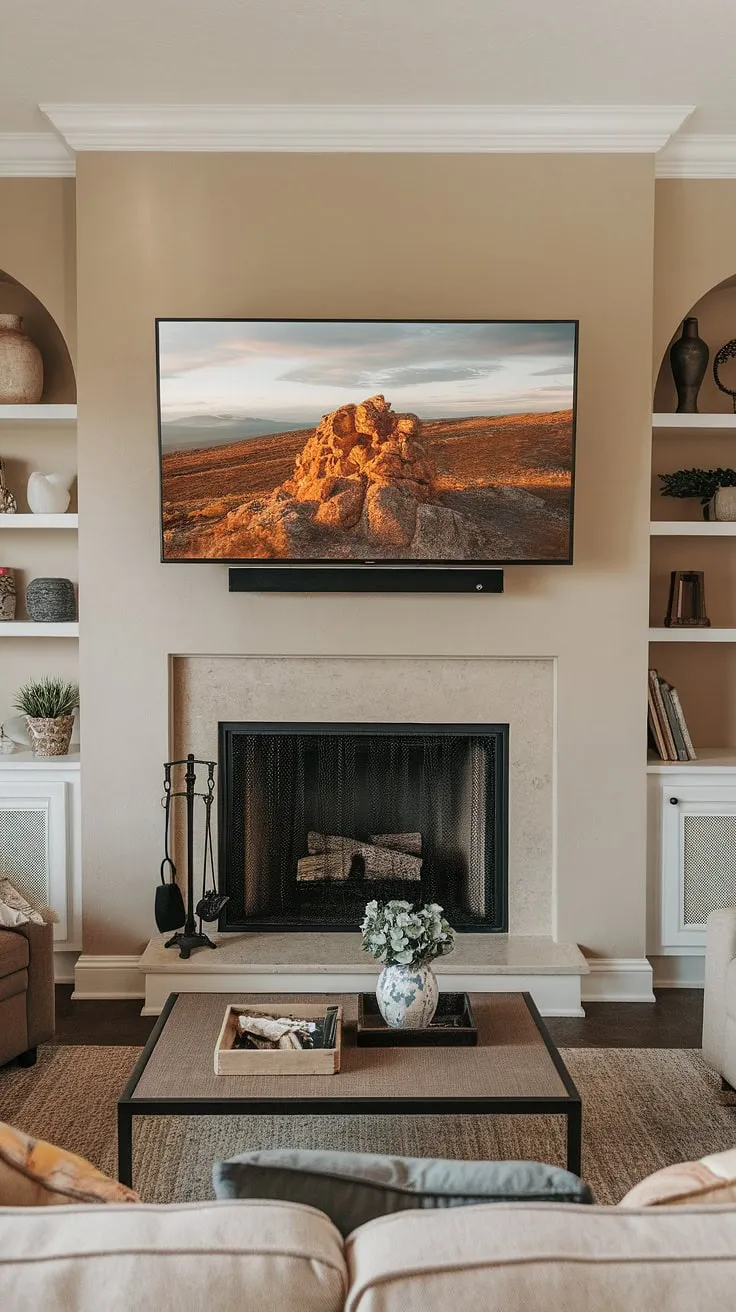 The perfect blend of cozy and contemporary: a fireplace tv mount seamlessly integrates the warmth of the fireplace with the sleekness of the wall-mounted TV above. This fireplace and TV setup is the ultimate in living room design, showcasing a fireplace with TV that's both functional and stylish.  The fireplace under TV creates a focal point, a testament to thoughtful fireplace tv installation and a truly unique tv over fireplace design.