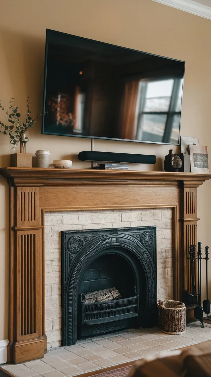 Warmth and entertainment perfectly united.  This tv over fireplace design features a mounted tv fireplace setup, showcasing a flawless fireplace tv mount above a classic fireplace. The tv above fireplace is elegantly integrated, creating a sophisticated fireplace with tv.  This fireplace and tv setup is a masterclass in fireplace under tv design, offering both comfort and cutting-edge technology.