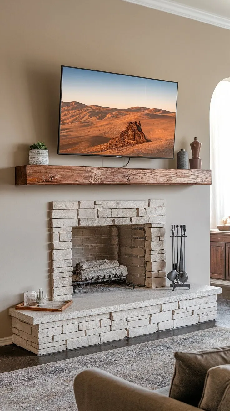 This fireplace tv installation is a masterclass in space optimization.  The wall-mounted TV fireplace boasts a custom-built wooden shelf that acts as a mantelpiece, elegantly positioning the TV above fireplace.  This fireplace under TV design is a beautiful blend of form and function, showcasing a mounted tv fireplace solution that's both stylish and practical.  The entire fireplace and tv setup is a stunning example of tv fireplace design.