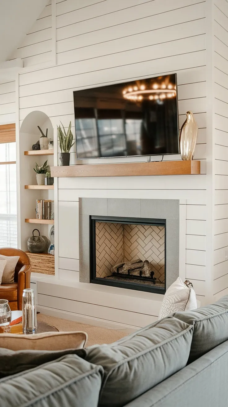 This built-in fireplace is the heart of this modern living room.  The shiplap fireplace, featuring a flush wall fireplace design and integrated built-in shelves, is both stylish and functional.  The fireplace seating area is perfect for relaxing by the fire, while the fireplace with TV above and faux fireplace mantels add a touch of sophisticated charm.  The clever tv and fireplace build-out maximizes space, and the fireplace liner ensures a safe and efficient burn.