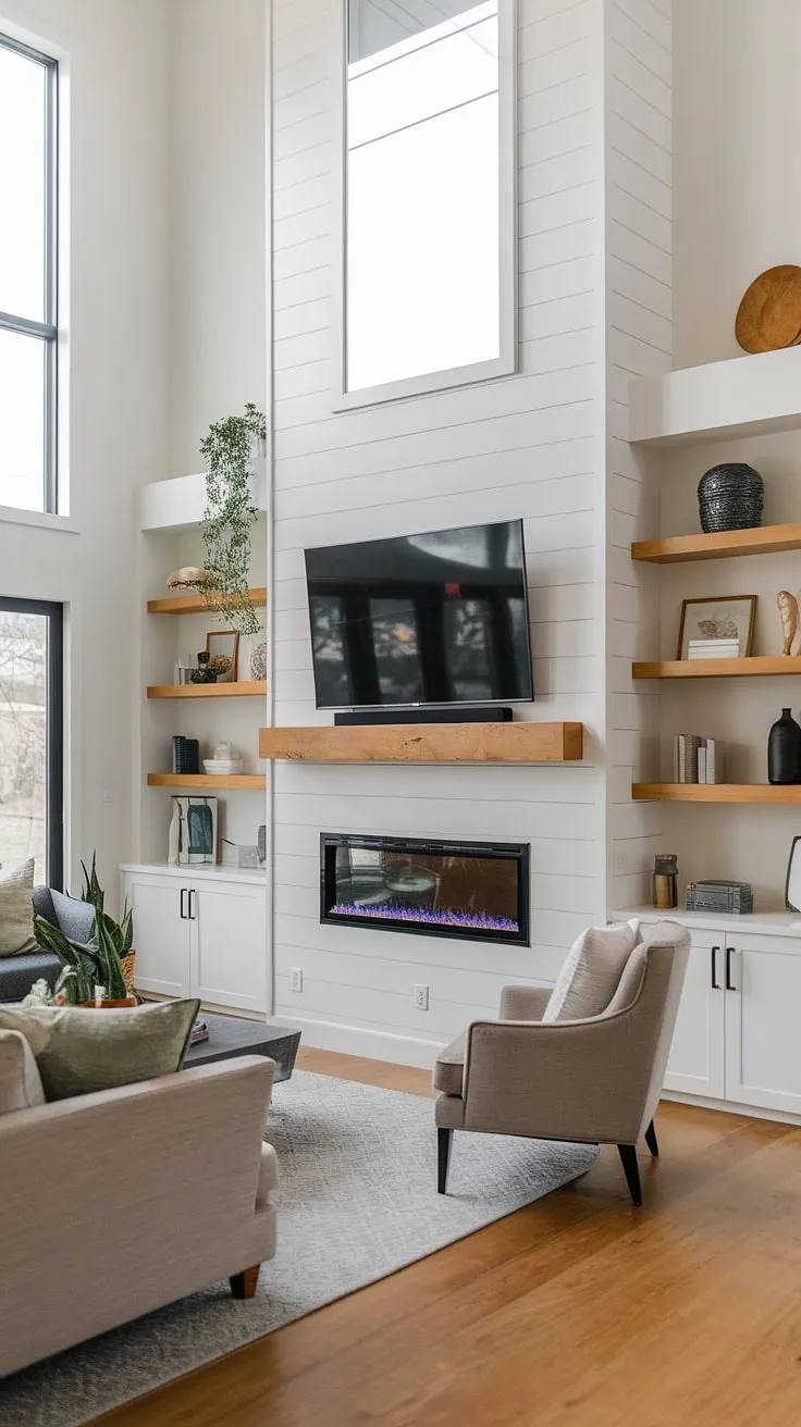 This modern living room's focal point is undoubtedly the striking fireplace wall.  A flush wall fireplace with a shiplap fireplace surround houses a TV, cleverly designed within a tv and fireplace build-out.  Flanked by built-in shelves and comfortable fireplace seating, this space perfectly blends form and function.  Note the clever use of faux fireplace mantels—a subtle touch that elevates the entire design.