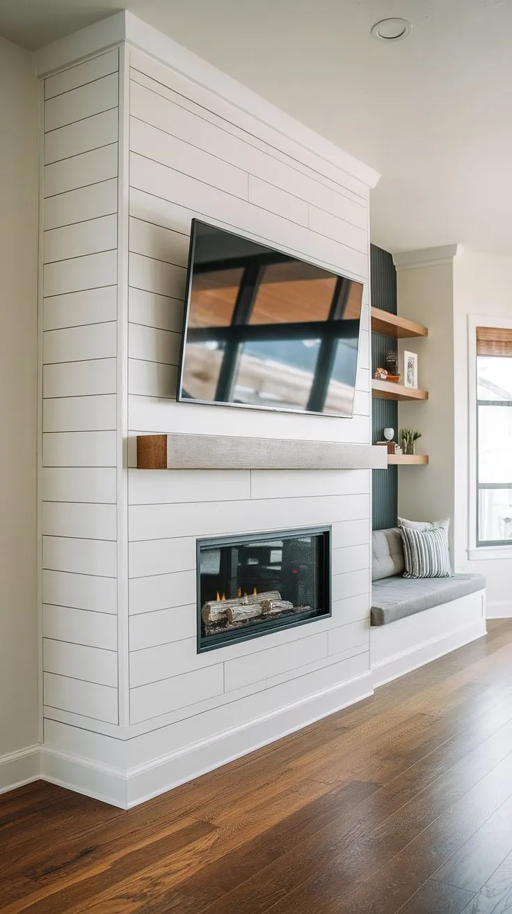 Cozy nights in are elevated with this stunning modern fireplace, seamlessly integrated into the wall.  The shiplap fireplace, complete with built-in shelves and a flush wall design, provides the perfect backdrop for movie nights thanks to the clever TV and fireplace build-out.  The fireplace seating area invites relaxation, while the faux fireplace mantels add a touch of refined elegance.  The fireplace liner ensures optimal warmth and efficiency.