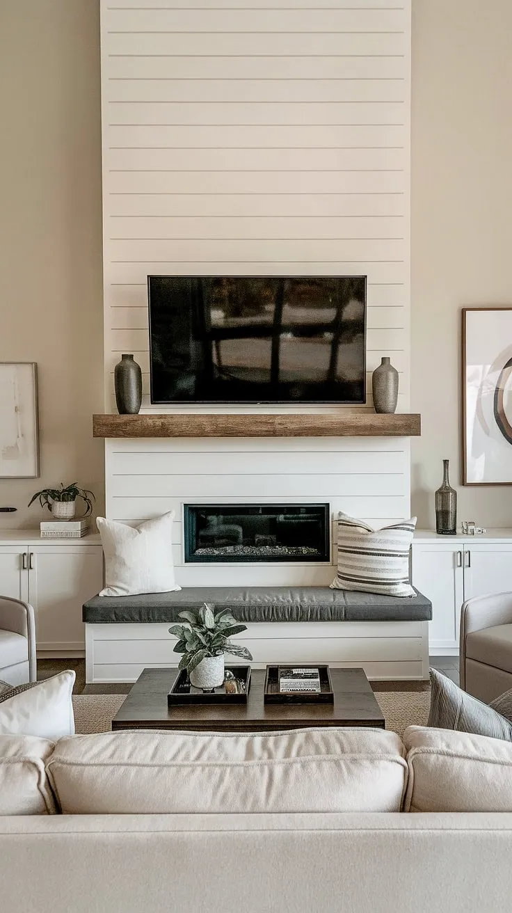 This modern living room's focal point is undoubtedly the breathtaking shiplap fireplace wall.  The fireplace seating area is perfectly positioned to enjoy the warmth and ambiance of the flush wall fireplace, while the built-in shelves offer practical storage.  A cleverly designed fireplace with TV build-out ensures effortless entertainment, all enhanced by the stylish faux fireplace mantels and carefully chosen fireplace liner.  The entire fireplace wall is a testament to sophisticated design.