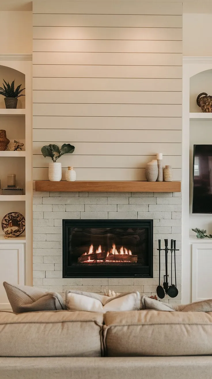 This living room's focal point is undoubtedly the breathtaking fireplace with TV. The shiplap fireplace, featuring a flush wall design and built-in shelves, is a masterclass in modern fireplace design.  The fireplace seating area is perfectly positioned for optimal viewing, while the faux fireplace mantels add a touch of personality.  This fireplace wall is a testament to thoughtful design and luxurious comfort, a true tv and fireplace build-out success story.