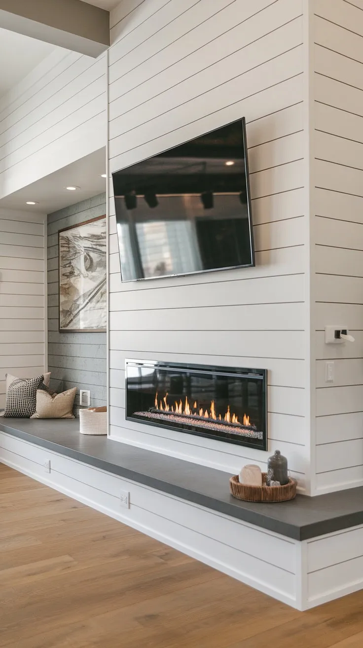 This modern living room showcases a breathtaking fireplace with TV, a perfect example of a tv and fireplace build-out. The shiplap fireplace, featuring a flush wall fireplace design and built-in shelves, creates a cozy and stylish focal point.  The fireplace seating area is perfectly positioned to enjoy both the fire and the entertainment.  The entire fireplace wall is a testament to thoughtful design and impeccable craftsmanship.