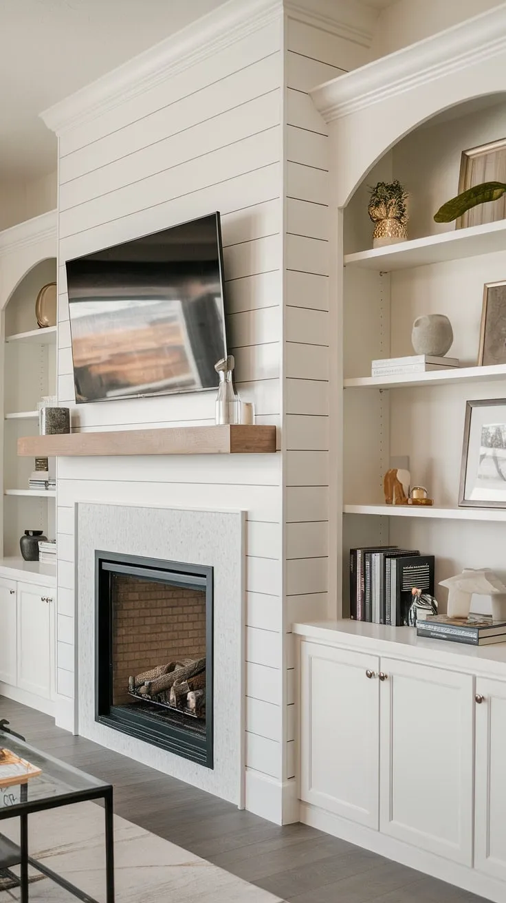 This fireplace wall is the heart of this modern home.  A striking shiplap fireplace, featuring a flush wall fireplace and faux fireplace mantels, is the focal point, seamlessly integrated with built-in shelves and a clever tv and fireplace build-out. The fireplace seating area offers the perfect spot to unwind, enhanced by the bright white walls and the inviting ambiance of the fireplace liner.