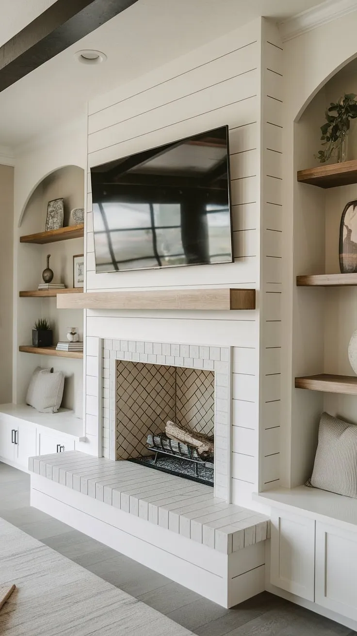 This modern fireplace is a dream come true. The shiplap fireplace design, featuring a faux fireplace mantel and integrated fireplace liner, creates a warm and inviting atmosphere.  Built-in shelves flank the flush wall fireplace, maximizing space and style.  The fireplace seating area, combined with the cleverly incorporated TV and fireplace build-out, makes this fireplace wall the ultimate entertainment hub.