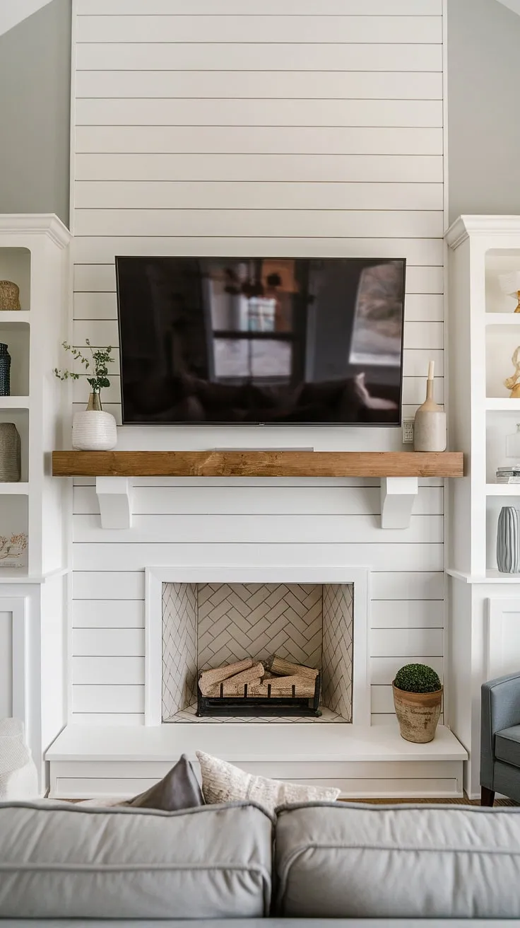 This modern living room's focal point is a stunning shiplap fireplace, a flush wall fireplace design seamlessly integrated with built-in shelves and a TV above.  The fireplace liner is perfectly concealed, and the faux fireplace mantels add a touch of elegance to this fireplace with TV build-out.  The fireplace seating area invites cozy evenings by the fire.  The entire fireplace wall, painted a calming gray, creates a sophisticated and inviting atmosphere.