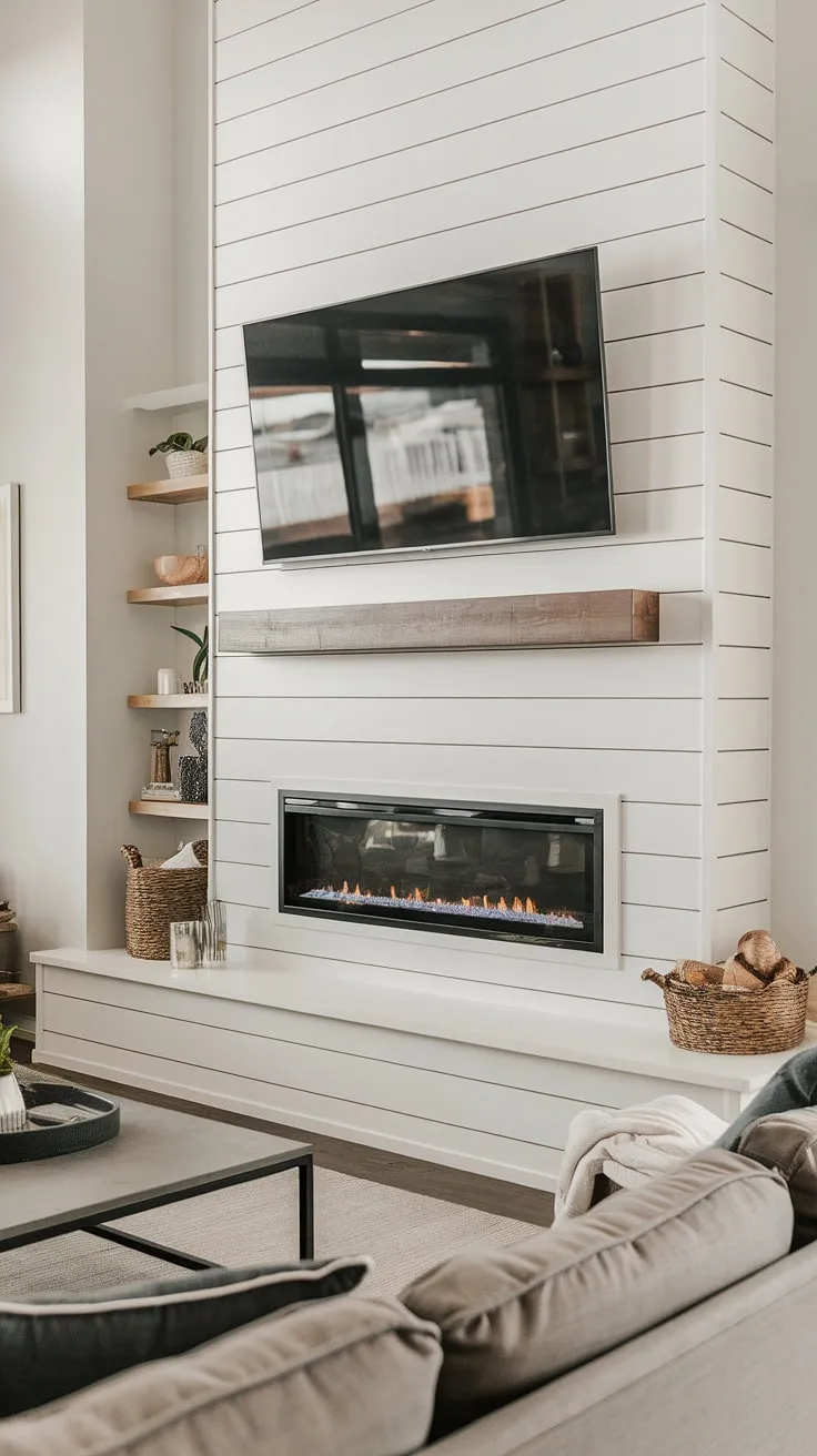 Cozy nights in are elevated with this stunning shiplap fireplace wall. The built-in shelves offer practical storage, while the modern fireplace with its flush wall design and integrated TV creates a seamless focal point.  The fireplace seating area is perfect for relaxing, and the faux fireplace mantels add a touch of elegance to this tv and fireplace build-out. The fireplace liner ensures efficient heat distribution, making this the heart of the home.