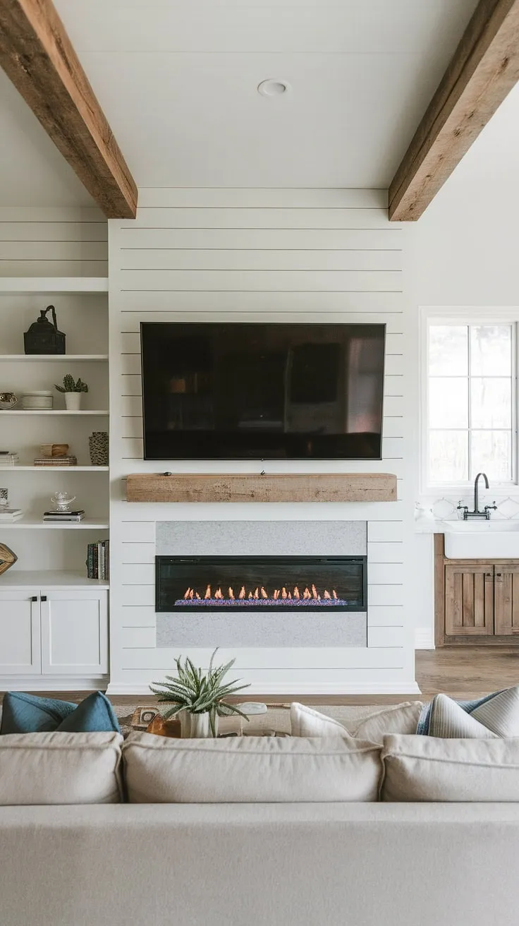 This shiplap fireplace wall is the heart of this home.  The modern fireplace, a flush wall fireplace with built-in shelves on either side, offers both style and functionality.  The clever TV and fireplace build-out maximizes space, while the fireplace seating area invites cozy gatherings.  No faux fireplace mantels needed here – this is true rustic charm.
