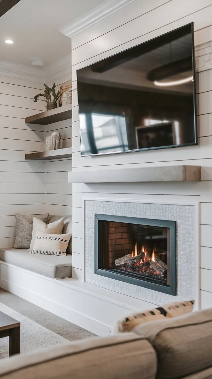 This stunning living room showcases a seamless blend of modern and rustic design.  The fireplace with TV is a focal point, cleverly integrated into the shiplap fireplace wall.  The built-in shelves above the modern fireplace offer ample storage, while the flush wall fireplace design maintains a clean, contemporary aesthetic.  The fireplace seating area, complete with faux fireplace mantels, invites relaxation and conversation.  The fireplace liner provides essential protection, ensuring years of cozy enjoyment.