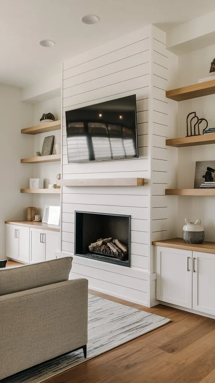This living room's focal point is undoubtedly the striking shiplap fireplace, a modern fireplace design that's both stylish and functional.  The flush wall fireplace is perfectly complemented by the built-in shelves, creating a cohesive fireplace wall.  The integrated TV above and comfortable fireplace seating area make it the ideal spot for movie nights.  The subtle elegance of the fireplace liner and the absence of faux fireplace mantels highlight the clean lines of this TV and fireplace build-out.  The warm wood floors complete this sophisticated space.