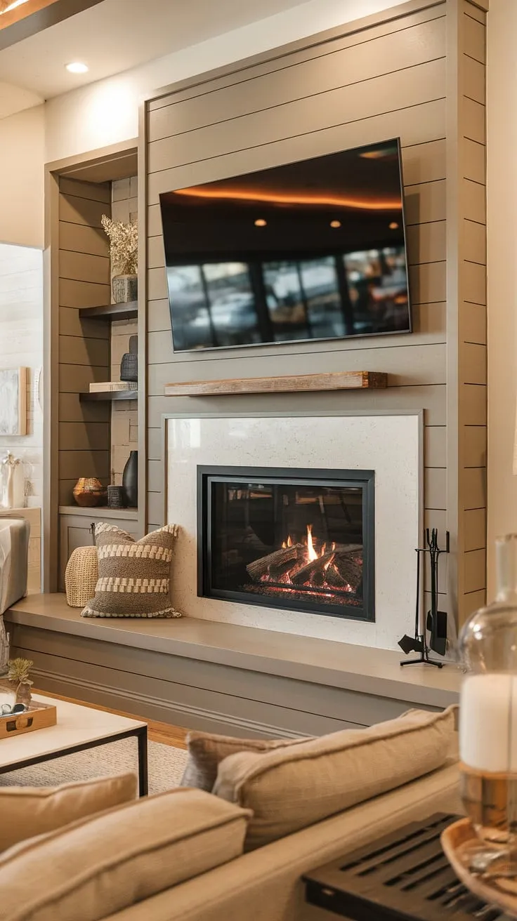 Cozy nights are best spent by this modern fireplace, its shiplap fireplace wall a stunning backdrop for the built-in shelves and the TV above.  The flush wall fireplace design maximizes space, creating the perfect fireplace seating area. This tv and fireplace build-out is a masterclass in modern design, complete with a sleek fireplace liner and faux fireplace mantels that add a touch of warmth.