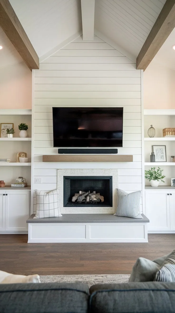 Rustic charm meets modern sophistication in this living room. The shiplap fireplace wall, complete with a flush wall fireplace and built-in shelves flanking a stunning fireplace with TV, creates a captivating focal point.  Faux fireplace mantels add subtle elegance, while the fireplace seating area invites cozy evenings by the fire. The exposed wooden beams and dark hardwood floors enhance the overall warmth and character of this exceptional tv and fireplace build-out.