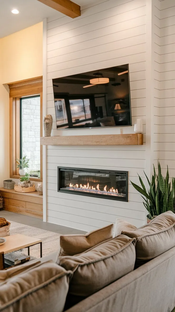 Cozy nights are made for this stunning living room. The flush wall fireplace, seamlessly integrated with the shiplap fireplace wall, creates a focal point that's both modern and inviting.  Built-in shelves offer ample storage, while the fireplace with TV above provides the perfect blend of entertainment and warmth.  The faux fireplace mantels add a touch of rustic charm, completing this fireplace seating area. The entire tv and fireplace build-out is a testament to thoughtful design.