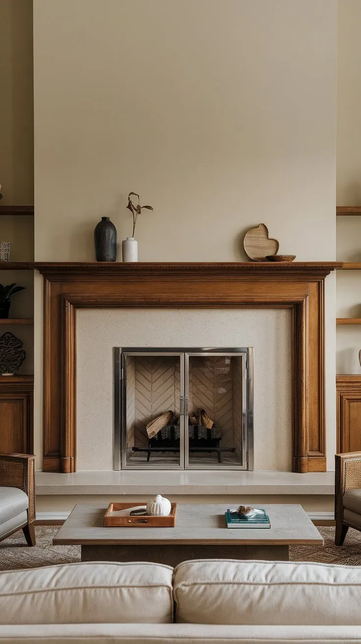 This living room fireplace decor perfectly complements the beige walls and neutral sofa.  The fireplace built-ins add warmth and character to this living room remodel, making it the ideal space for relaxation.  Consider this fireplace makeover and fireplace remodel inspiration for your own home fireplace, transforming a fireplaceless living room into a cozy sanctuary.