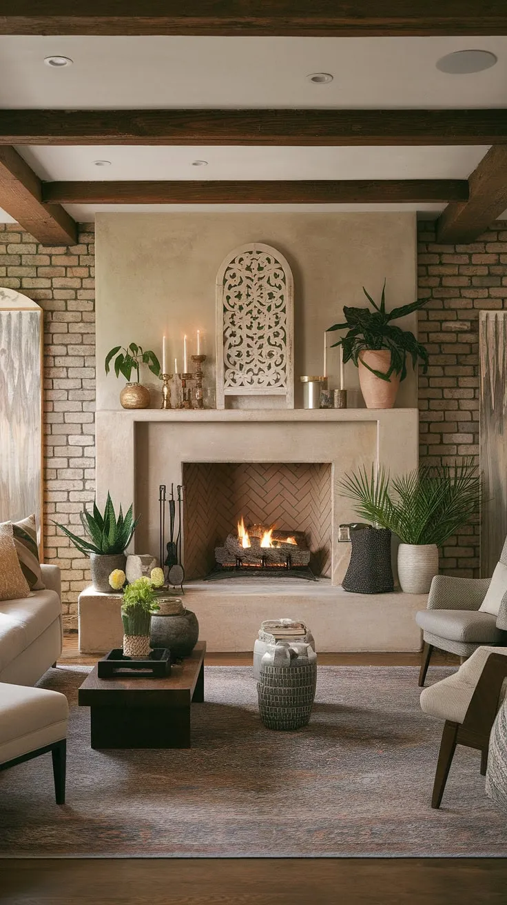 This living room remodel transformed a simple space into a cozy haven with the addition of stunning fireplace built-ins.  The living room fireplace decor, featuring candles, plants, and a decorative screen, perfectly complements the rustic charm of the exposed brick and wooden beams.  Fireplace ideas abound in this fireplaceless living room now boasting a home fireplace that's the heart of the room.  A fireplace makeover doesn't get much better than this!