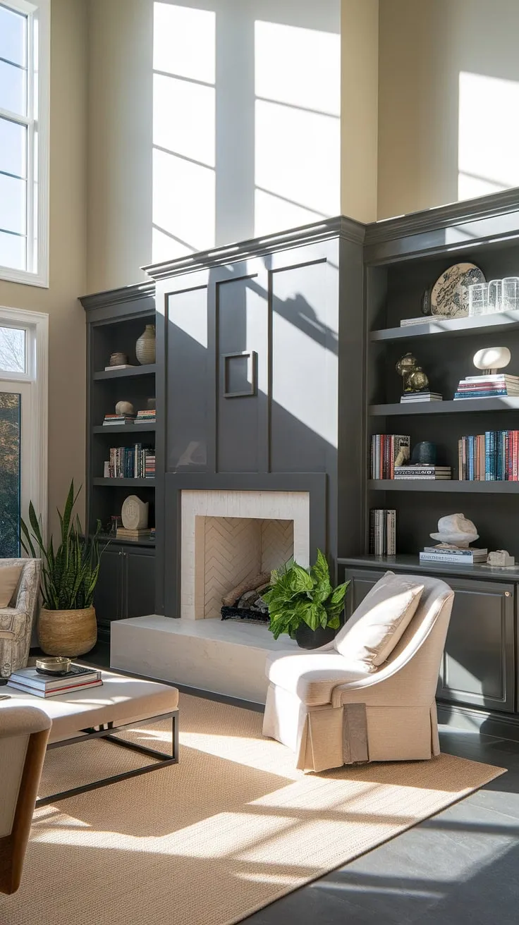 The elegant half wall wainscoting, a beautiful blend of light beige wainscoting panels and a calming light gray above, creates a sophisticated focal point.  The subtle contrast of the wall paneling and wall trim molding adds architectural interest to this inviting living space.  The carefully chosen wall trim complements the overall design, enhancing the room's charm.
