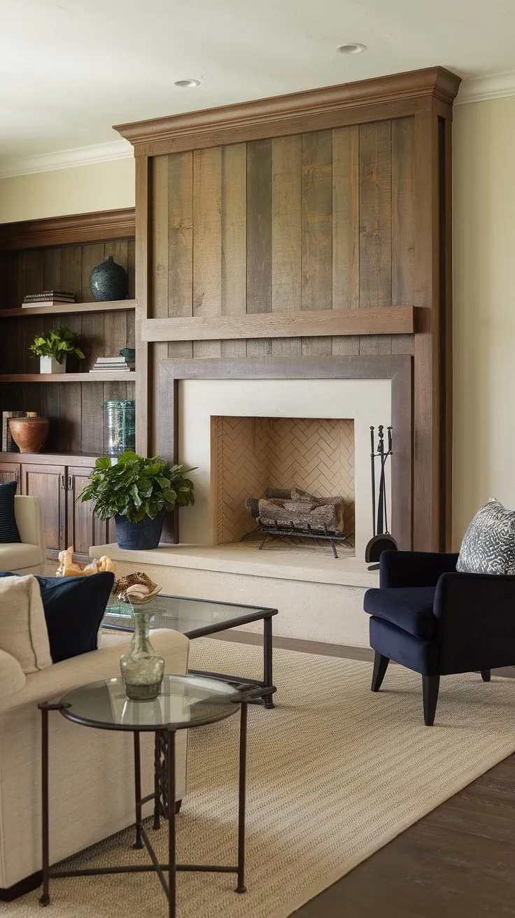 This living room remodel showcases the perfect blend of rustic charm and modern comfort.  The fireplace built-ins, a stunning centerpiece of this fireplaceless living room, are elevated by the thoughtful living room fireplace decor, offering a cozy focal point and inspiring fireplace ideas for your own home fireplace. The fireplace makeover truly transformed the space.