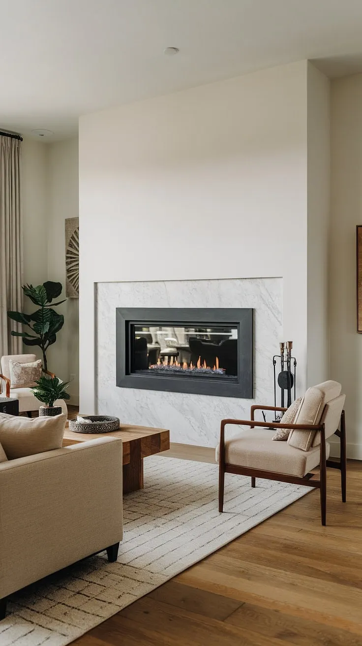This living room remodel showcases the stunning impact of fireplace built-ins.  The modern, black-framed fireplace is a focal point, transforming this fireplaceless living room into a cozy haven.  Clever living room fireplace decor and thoughtful living room decor choices complete the look, offering inspiration for your own fireplace ideas and fireplace makeover.