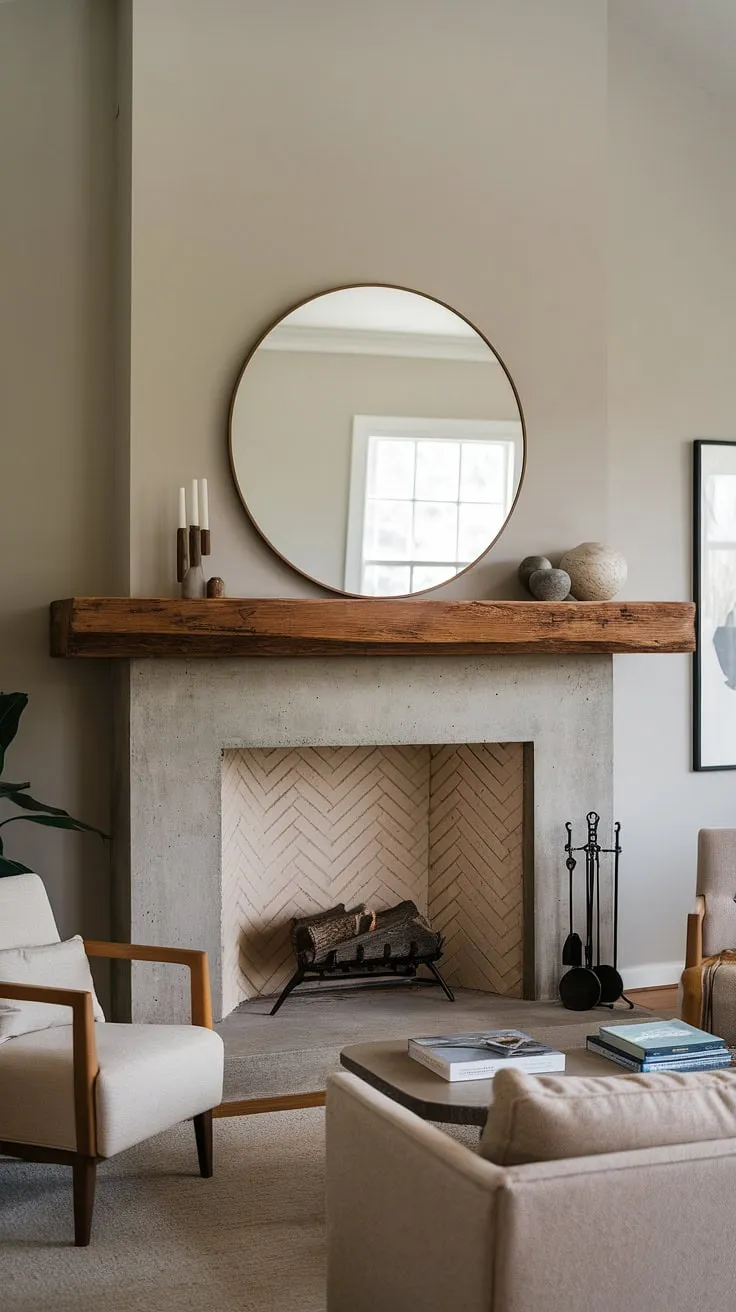 Transforming a fireplaceless living room into a dream space? This fireplace remodel is brimming with inspiration.  The concrete fireplace built-ins, accented by a warm wooden mantel and stylish decor, are the heart of this living room.  From fireplace ideas to overall living room decor, this space offers a masterclass in creating a welcoming atmosphere.  Consider this your guide for your own fireplace makeover or living room remodel.
