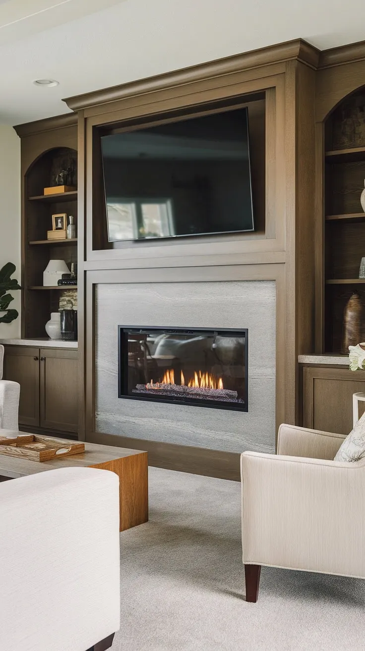 A fireplace makeover doesn't get more dramatic than this!  This fireplace remodel integrated a stunning glass-front fireplace into a custom wall unit, creating a show-stopping feature in this light and airy living room.  The result?  A sophisticated living room fireplace decor that elevates the entire space, proving that even a fireplaceless living room can be transformed into a cozy haven.