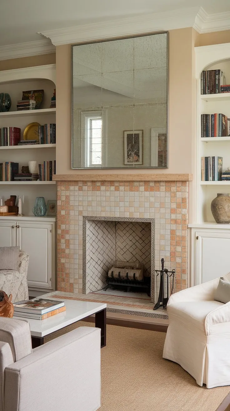 Warmth and style converge in this living room remodel, showcasing stunning fireplace built-ins and a captivating living room fireplace decor.  The fireplace makeover, featuring a beautiful blend of beige, orange, and white tiles, is the focal point, complemented by built-in bookshelves brimming with character. This fireplaceless living room now boasts a home fireplace that's both functional and aesthetically pleasing, offering endless fireplace ideas for your own living room decor.