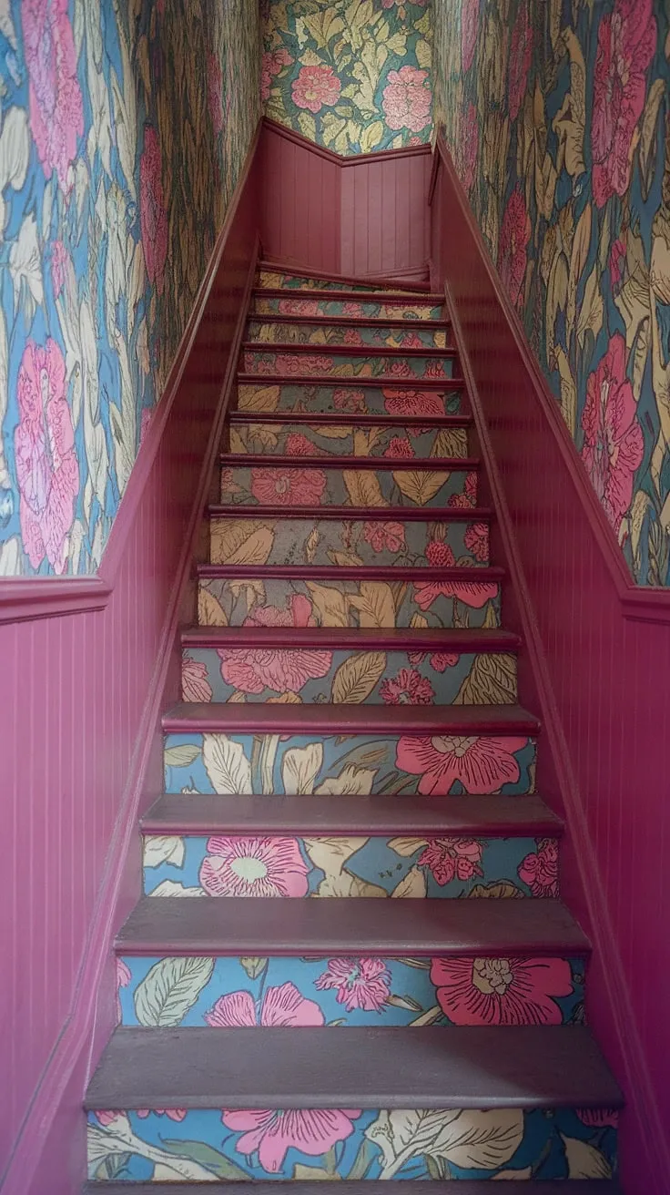 A captivating floral staircase sets the tone for this home's enchanting entryway.  The hallway wallpaper, a stunning display of pink, blue, yellow, and green blooms, is a masterpiece of home decor wallpaper.  This colorful wallpaper, covering the stair risers and surrounding walls, creates a truly unique and unforgettable wallpaper for stairs.  Consider this a testament to the transformative power of entryway wallpaper and staircase wallpaper.